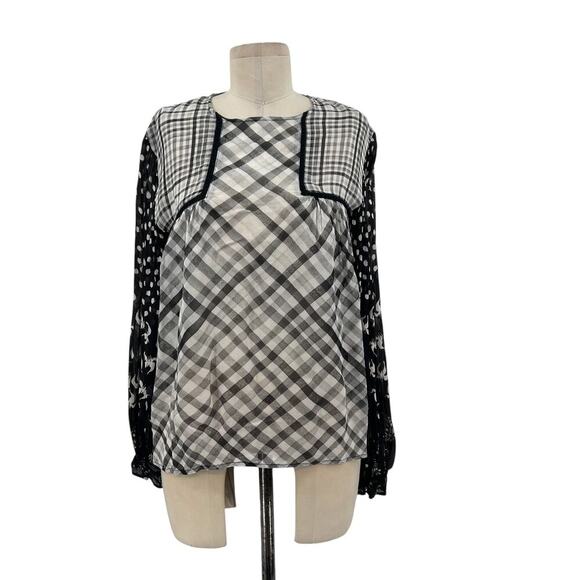 Anthropologie Tops - Anthropologie Bl-nk‎ London Miranda Peasant Blouse Plaid Gray Black Size Small